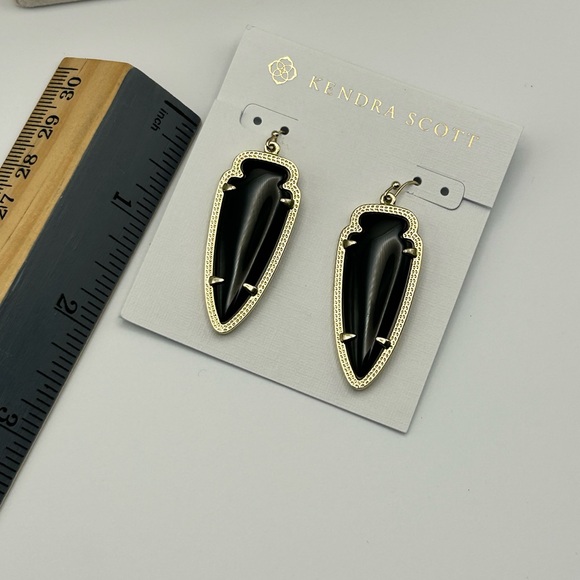 Kendra Scott Skylar Earrings 2" Dangle Drop Black & Gold Tone Pouch - Picture 7 of 12